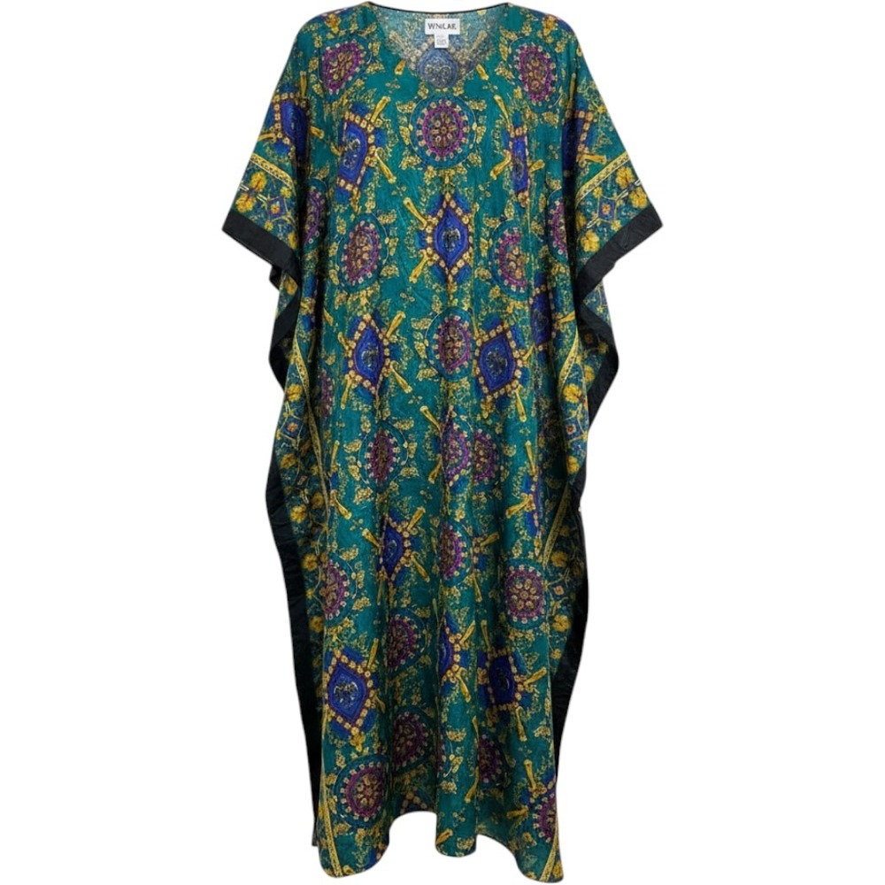 Winlar Caftan Women OS Teal Gold Blue Ornate Medallion Maxi Gown Mrs Roper